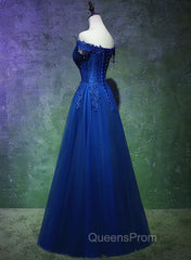 A-line Off Shoulder Blue Beaded and Lace Long Party Dress, Blue Evening Dress