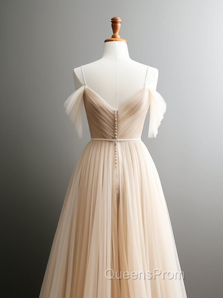 A-Line Off Shoulder Champagne Tulle Long Evening Prom Dress, Champagne Long Evening Dress Secondary image