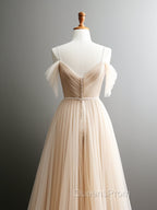 A-Line Off Shoulder Champagne Tulle Long Evening Prom Dress, Champagne Long Evening Dress