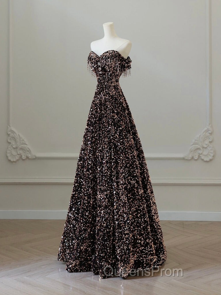 A-Line Off Shoulder Coffee Gold Sequin Long Evening Prom Dress, Coffee Gold Evening Dress