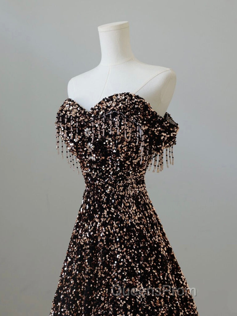 A-Line Off Shoulder Coffee Gold Sequin Long Evening Prom Dress, Coffee Gold Evening Dress