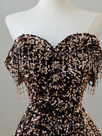 A-Line Off Shoulder Coffee Gold Sequin Long Evening Prom Dress, Coffee Gold Evening Dress