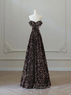 A-Line Off Shoulder Coffee Gold Sequin Long Evening Prom Dress, Coffee Gold Evening Dress