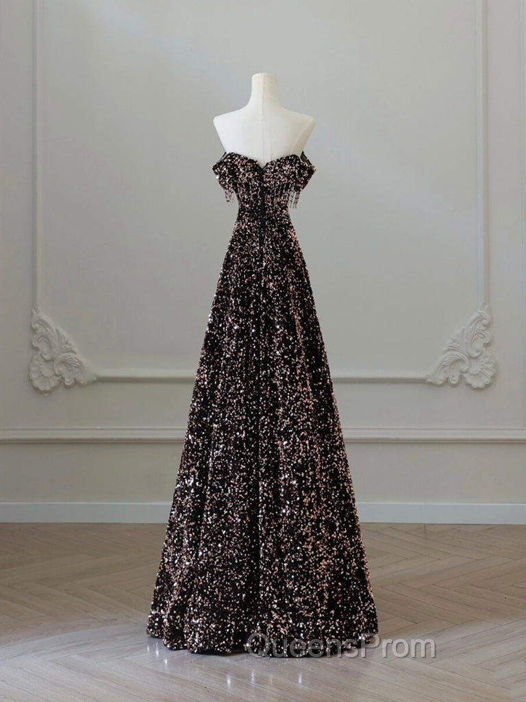 A-Line Off Shoulder Coffee Gold Sequin Long Evening Prom Dress, Coffee Gold Evening Dress