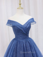 A-Line Off Shoulder Dark Blue Long Evening Prom Dress, Shiny Tulle Long Graduation Dress