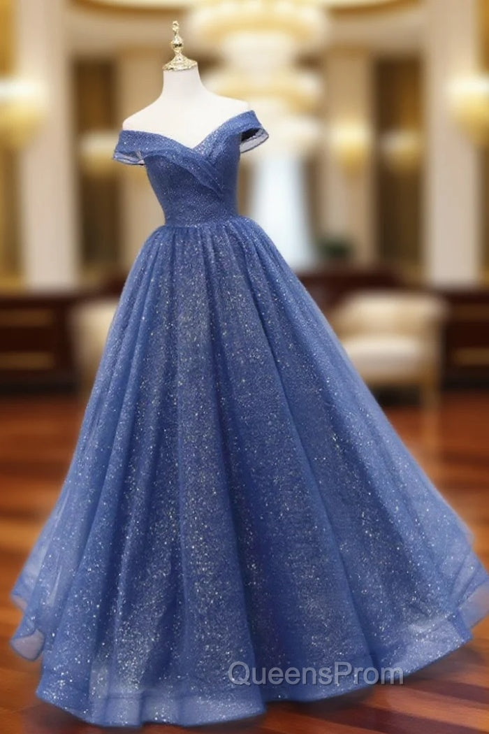A-Line Off Shoulder Dark Blue Long Evening Prom Dress, Shiny Tulle Long Graduation Dress Main image