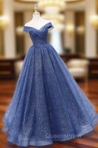 A-Line Off Shoulder Dark Blue Long Evening Prom Dress, Shiny Tulle Long Graduation Dress