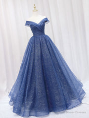 A-Line Off Shoulder Dark Blue Long Prom Dress, Shiny Tulle Long Graduation Dress