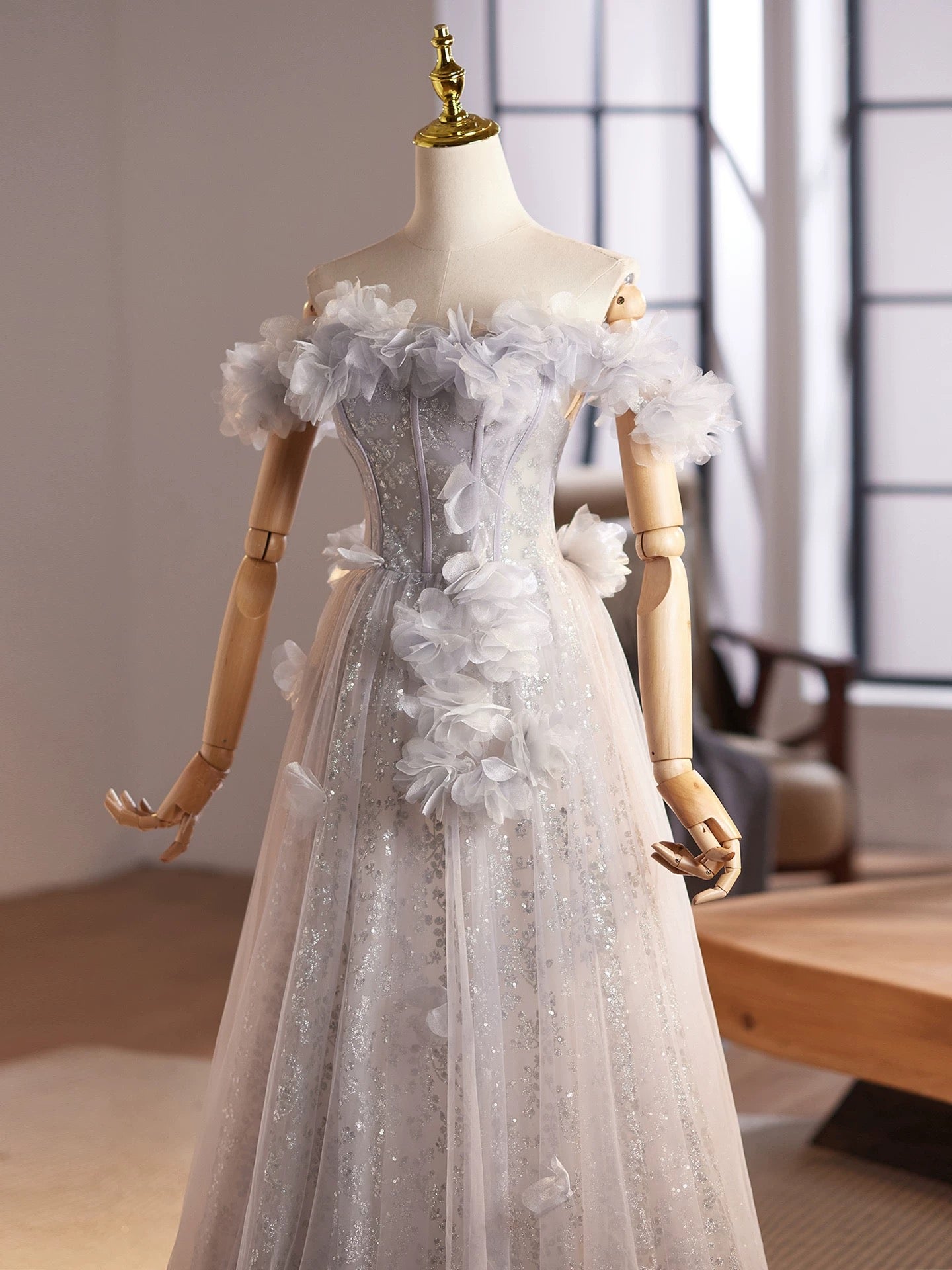 A-Line Off Shoulder Flower Tulle Gray Long Classy Prom Dress, Gray Classy Dress Secondary image