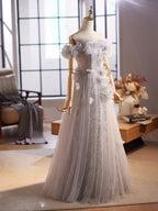 A-Line Off Shoulder Flower Tulle Gray Long Classy Prom Dress, Gray Classy Dress