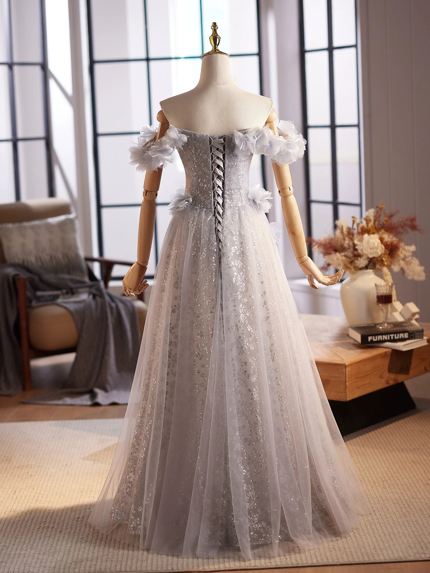 A-Line Off Shoulder Flower Tulle Gray Long Classy Prom Dress, Gray Classy Dress