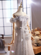 A-Line Off Shoulder Flower Tulle Gray Long Classy Prom Dress, Gray Classy Dress