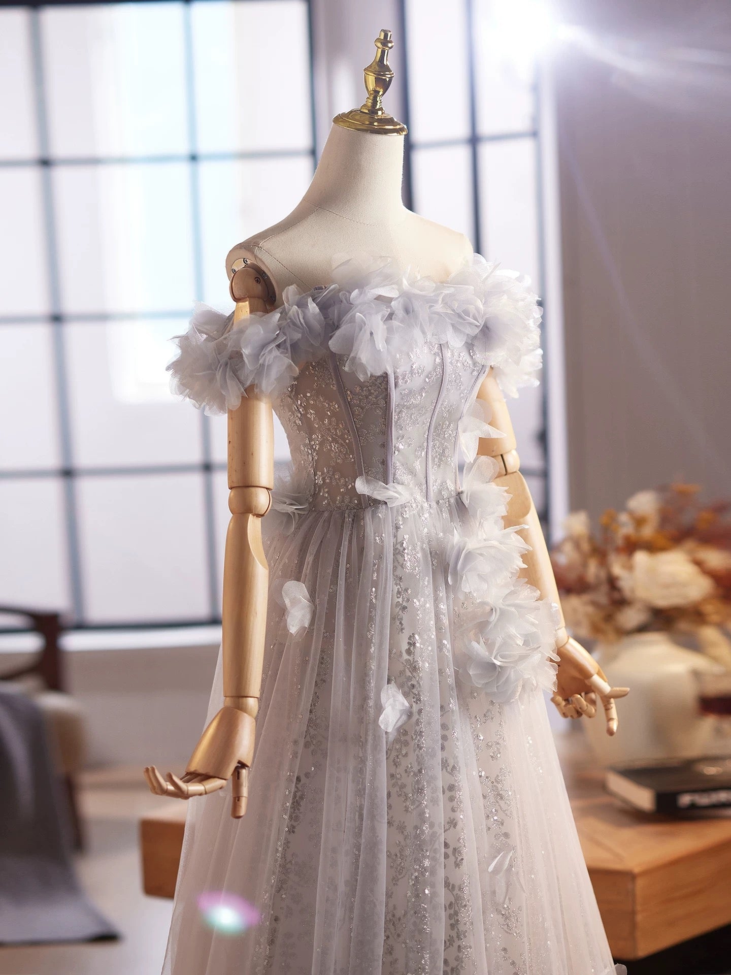 A-Line Off Shoulder Flower Tulle Gray Long Classy Prom Dress, Gray Classy Dress