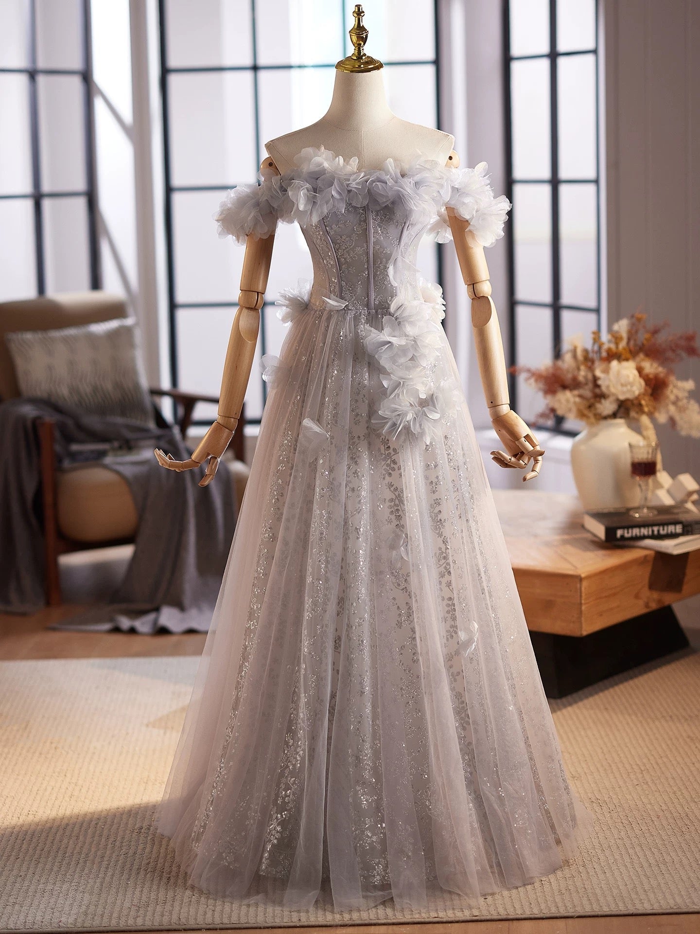 A-Line Off Shoulder Flower Tulle Gray Long Classy Prom Dress, Gray Classy Dress Main image