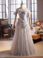 A-Line Off Shoulder Flower Tulle Gray Long Classy Prom Dress, Gray Classy Dress