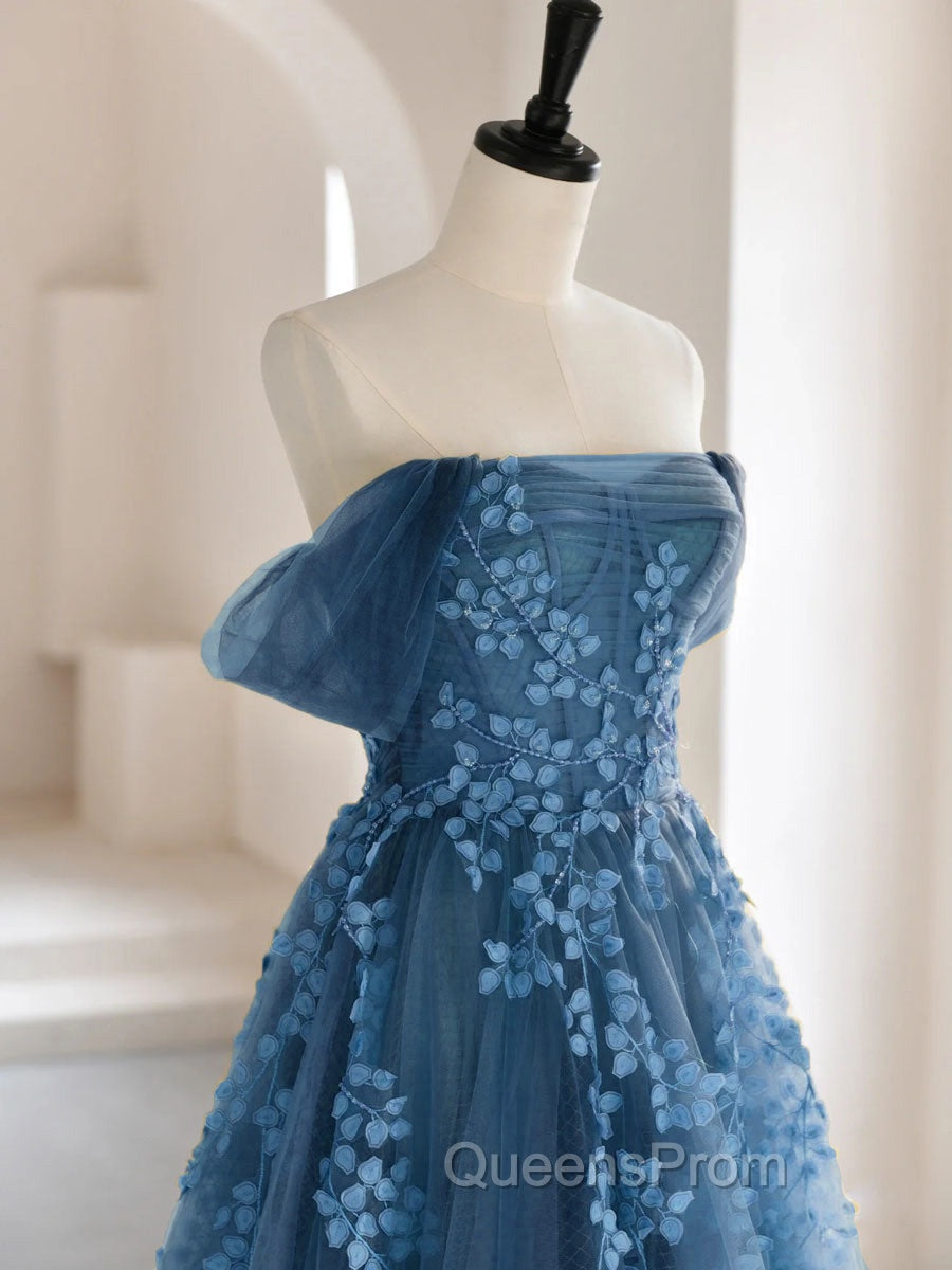 A-line Off Shoulder Gray Blue Tulle Long Evening Prom Dress, Gray Blue Long Evening Dress