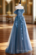 A-line Off Shoulder Gray Blue Tulle Long Evening Prom Dress, Gray Blue Long Evening Dress