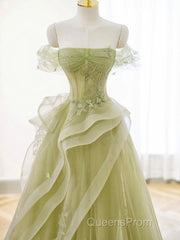 A-Line Off Shoulder Green Lace Long Evening Prom Dress, Green Formal Dress