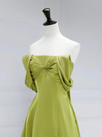 A-Line Off Shoulder Green Satin Long Classy Prom Dress, Green Long Classy Prom Dress