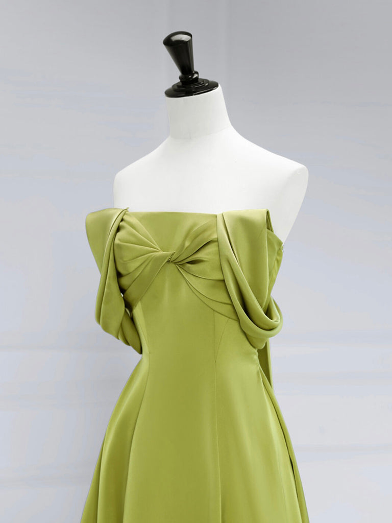A-Line Off Shoulder Green Satin Long Classy Prom Dress, Green Long Classy Prom Dress