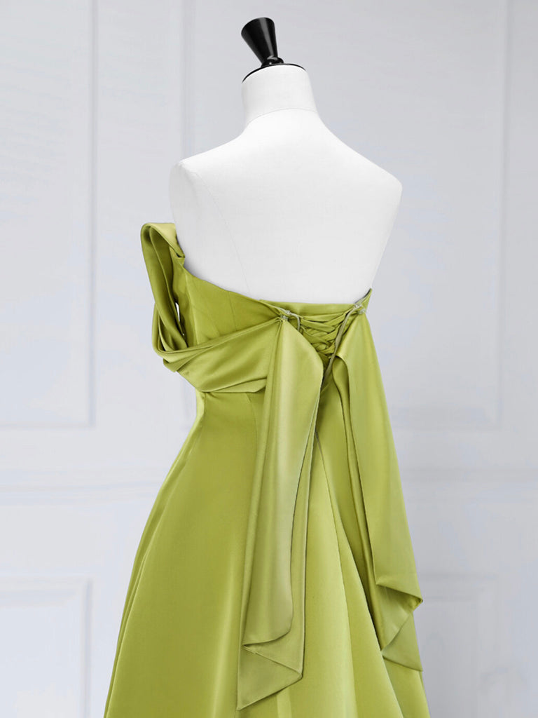 A-Line Off Shoulder Green Satin Long Classy Prom Dress, Green Long Classy Prom Dress
