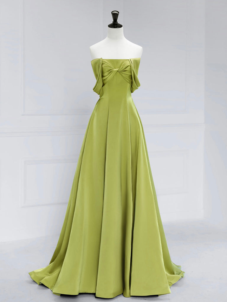 A-Line Off Shoulder Green Satin Long Classy Prom Dress, Green Long Classy Prom Dress