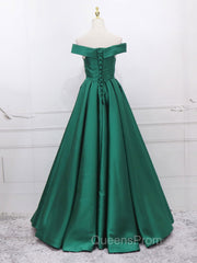 A-Line Off Shoulder Green Satin Long Evening Prom Dress, Green Evening Dress