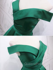 A-Line Off Shoulder Green Satin Long Evening Prom Dress, Green Evening Dress