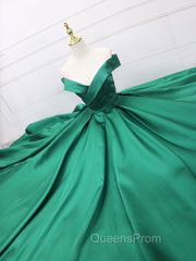 A-Line Off Shoulder Green Satin Long Evening Prom Dress, Green Evening Dress