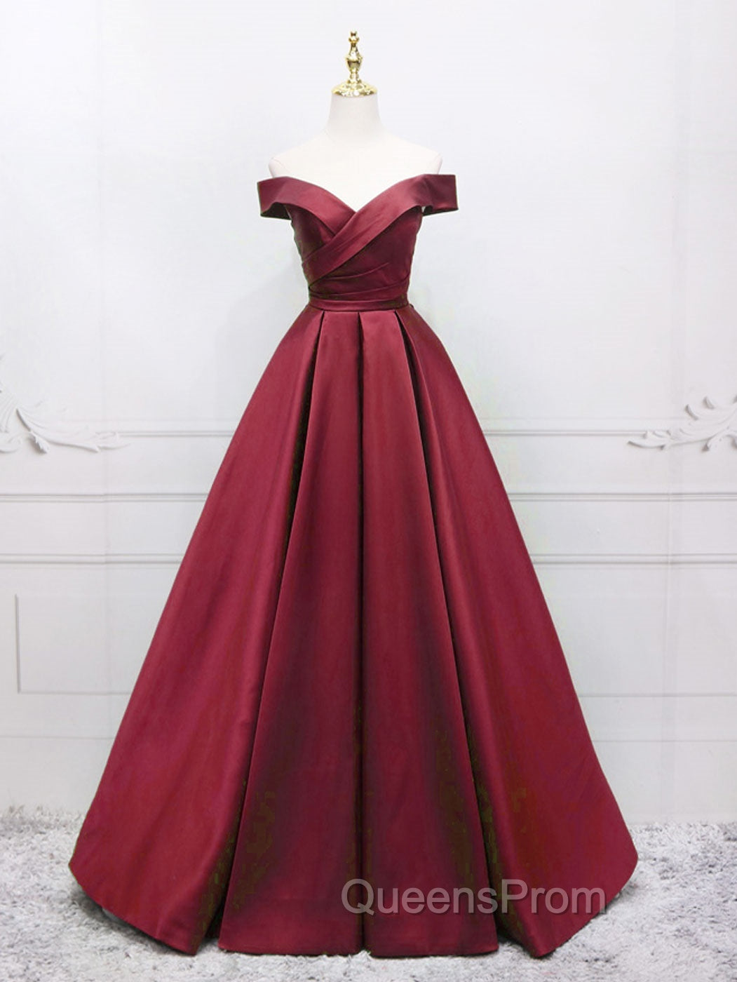 A-Line Off Shoulder Green Satin Long Evening Prom Dress, Green Evening Dress