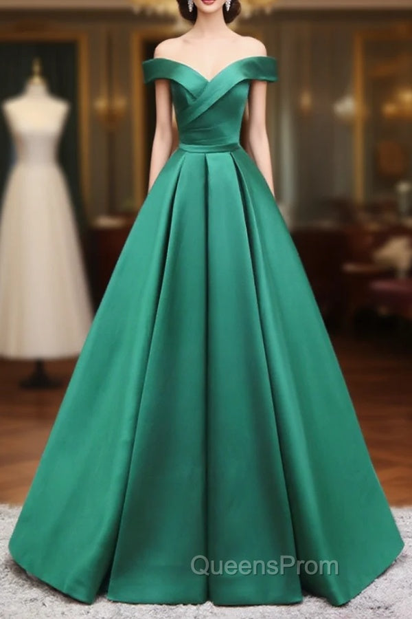 A-Line Off Shoulder Green Satin Long Evening Prom Dress, Green Evening Dress Main image