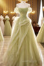 A Line Off Shoulder Green Tulle Long Evening Prom Dress
