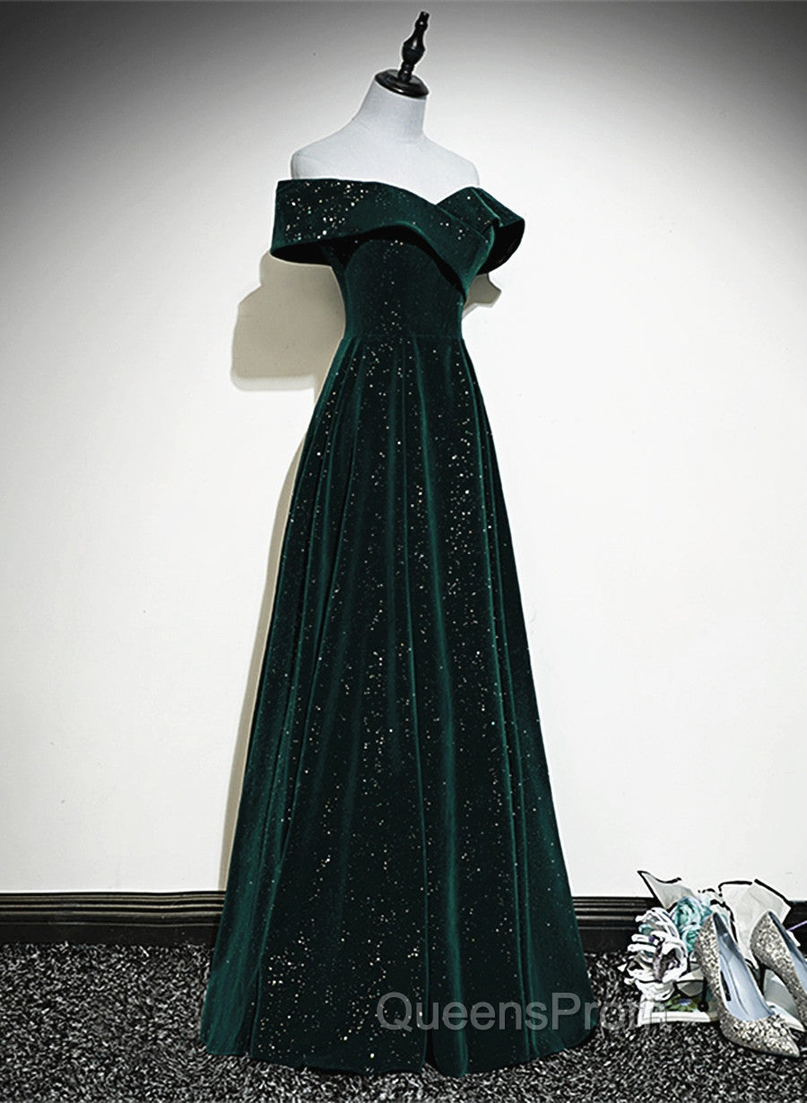 A-line Off Shoulder Green Velvet Simple Party Dress, Green Evening Prom Dress Evening Dress Secondary image