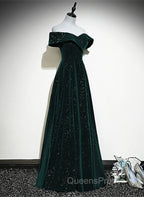A-line Off Shoulder Green Velvet Simple Party Dress, Green Evening Prom Dress Evening Dress