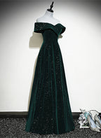 A-Line Off Shoulder Green Velvet Simple Party Dress, Green Classy Prom Dress Classy Dress