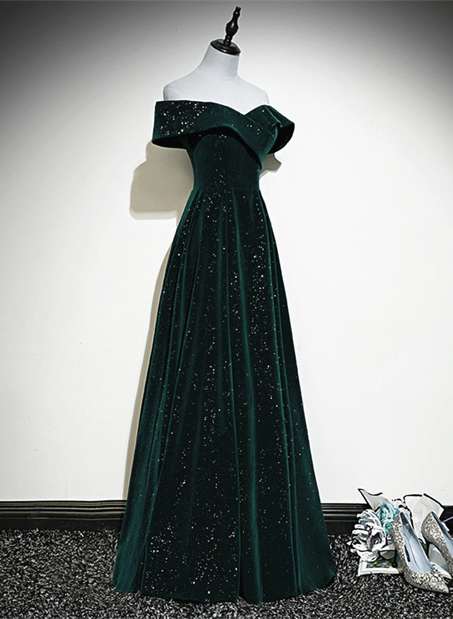 A-Line Off Shoulder Green Velvet Simple Party Dress, Green Classy Prom Dress Classy Dress