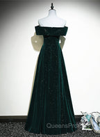 A-line Off Shoulder Green Velvet Simple Party Dress, Green Evening Prom Dress Evening Dress