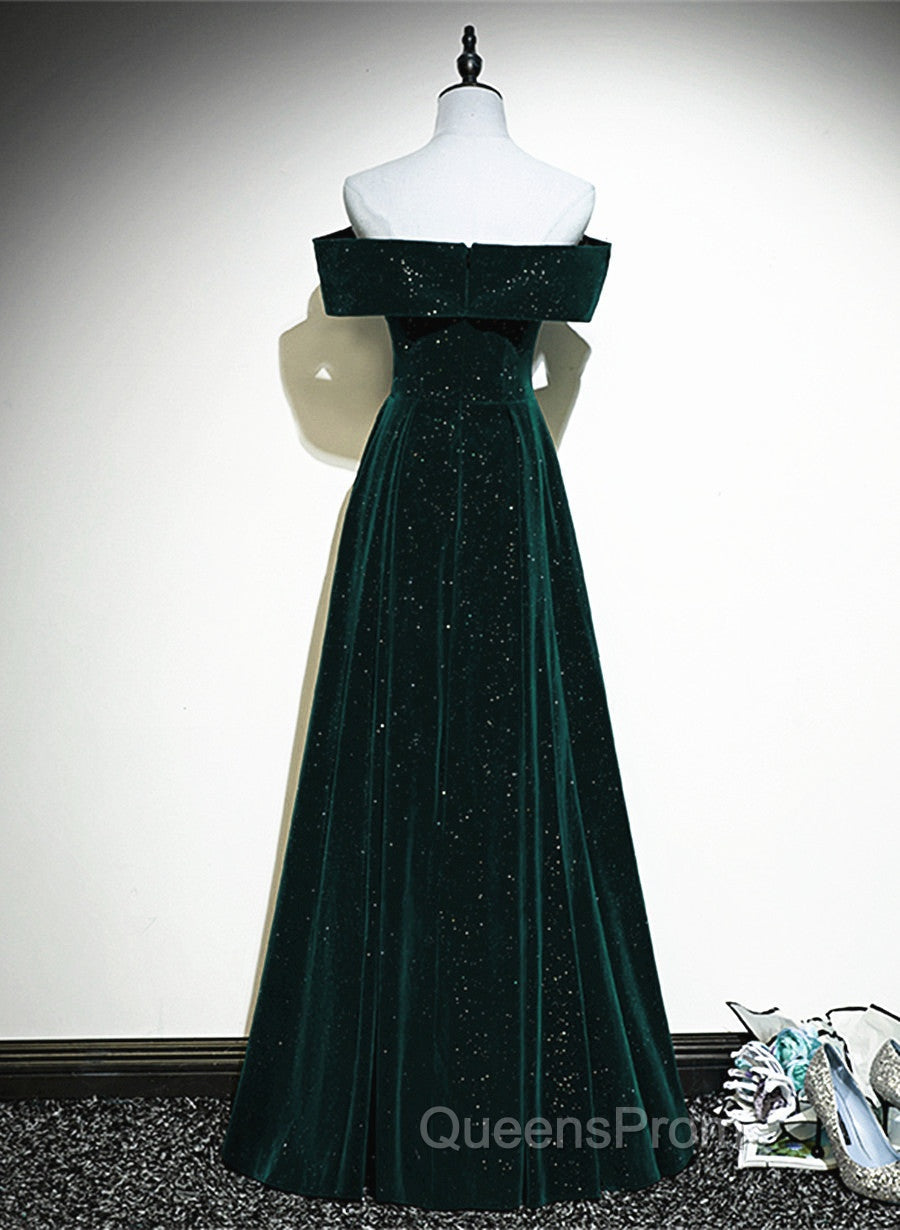 A-line Off Shoulder Green Velvet Simple Party Dress, Green Evening Prom Dress Evening Dress