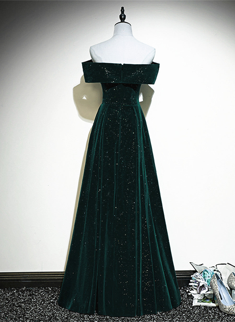 A-Line Off Shoulder Green Velvet Simple Party Dress, Green Classy Prom Dress Classy Dress