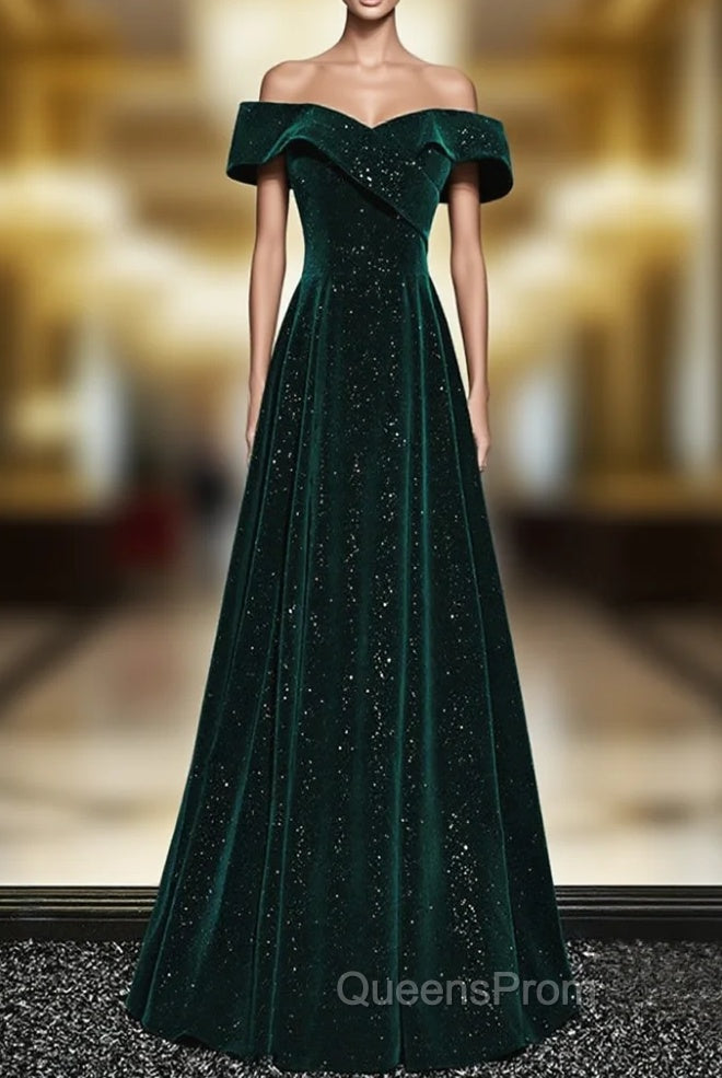 A-line Off Shoulder Green Velvet Simple Party Dress, Green Evening Prom Dress Evening Dress