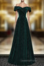 A-line Off Shoulder Green Velvet Simple Party Dress, Green Evening Prom Dress Evening Dress