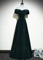 A-Line Off Shoulder Green Velvet Simple Party Dress, Green Classy Prom Dress Classy Dress