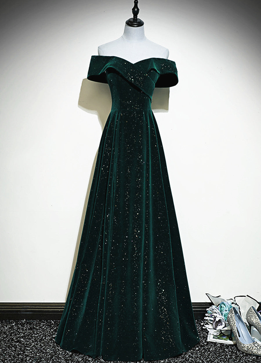 A-Line Off Shoulder Green Velvet Simple Party Dress, Green Classy Prom Dress Classy Dress