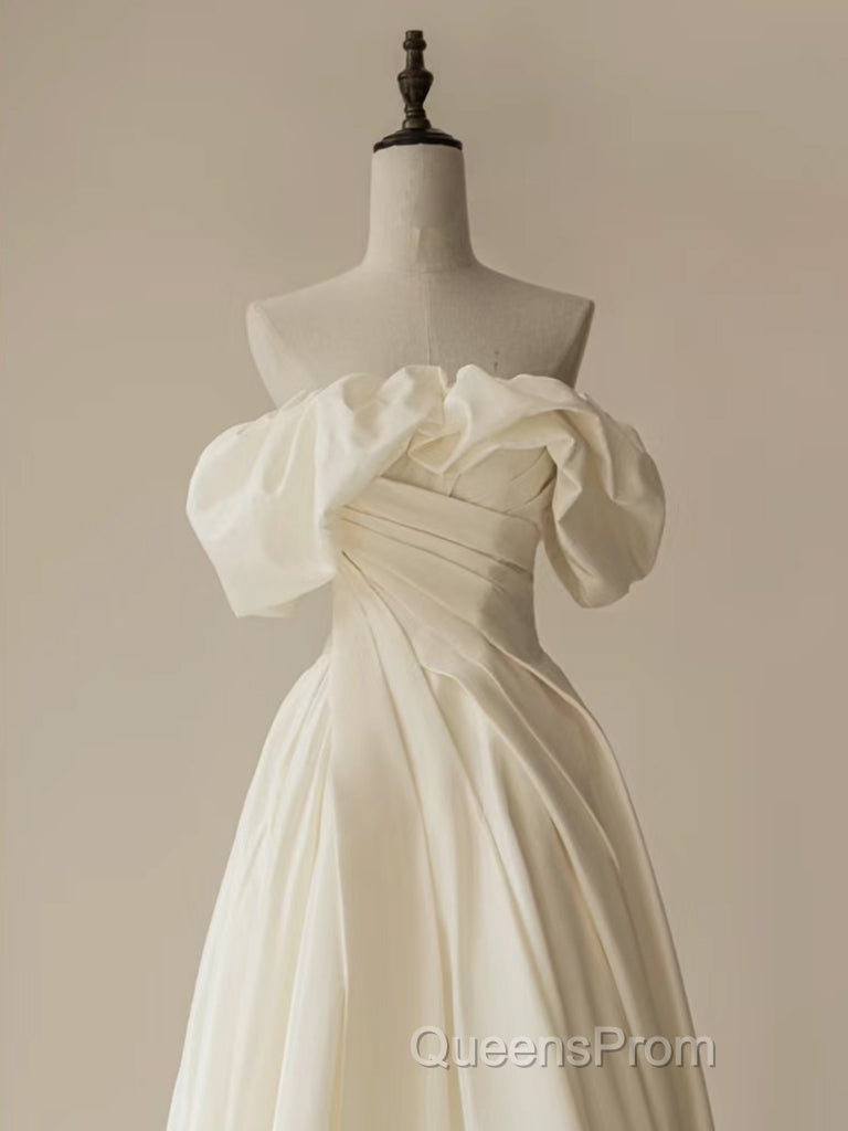A-Line Off Shoulder Ivory Satin Long Evening Prom Dress, Ivory Long Formal Dress Secondary image