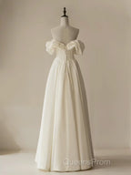 A-Line Off Shoulder Ivory Satin Long Evening Prom Dress, Ivory Long Formal Dress