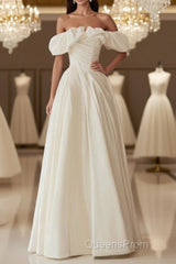 A-Line Off Shoulder Ivory Satin Long Evening Prom Dress, Ivory Long Formal Dress