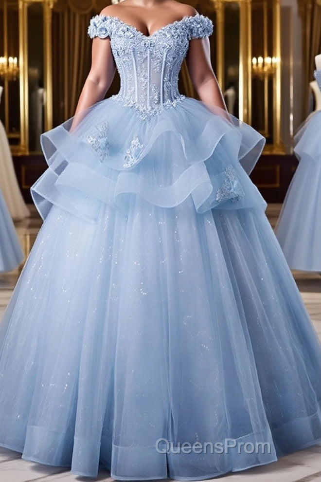 A-Line Off Shoulder Lace Tulle Blue Long Evening Prom Dress, Blue Sweet 16 Dress Main image