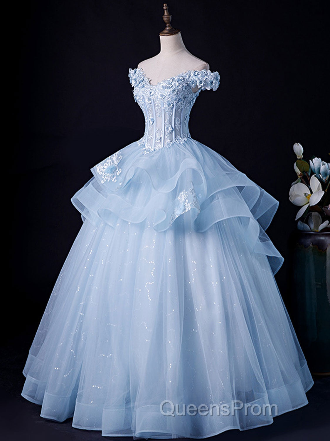 A-Line Off Shoulder Lace Tulle Blue Long Evening Prom Dress, Blue Sweet 16 Dress Secondary image