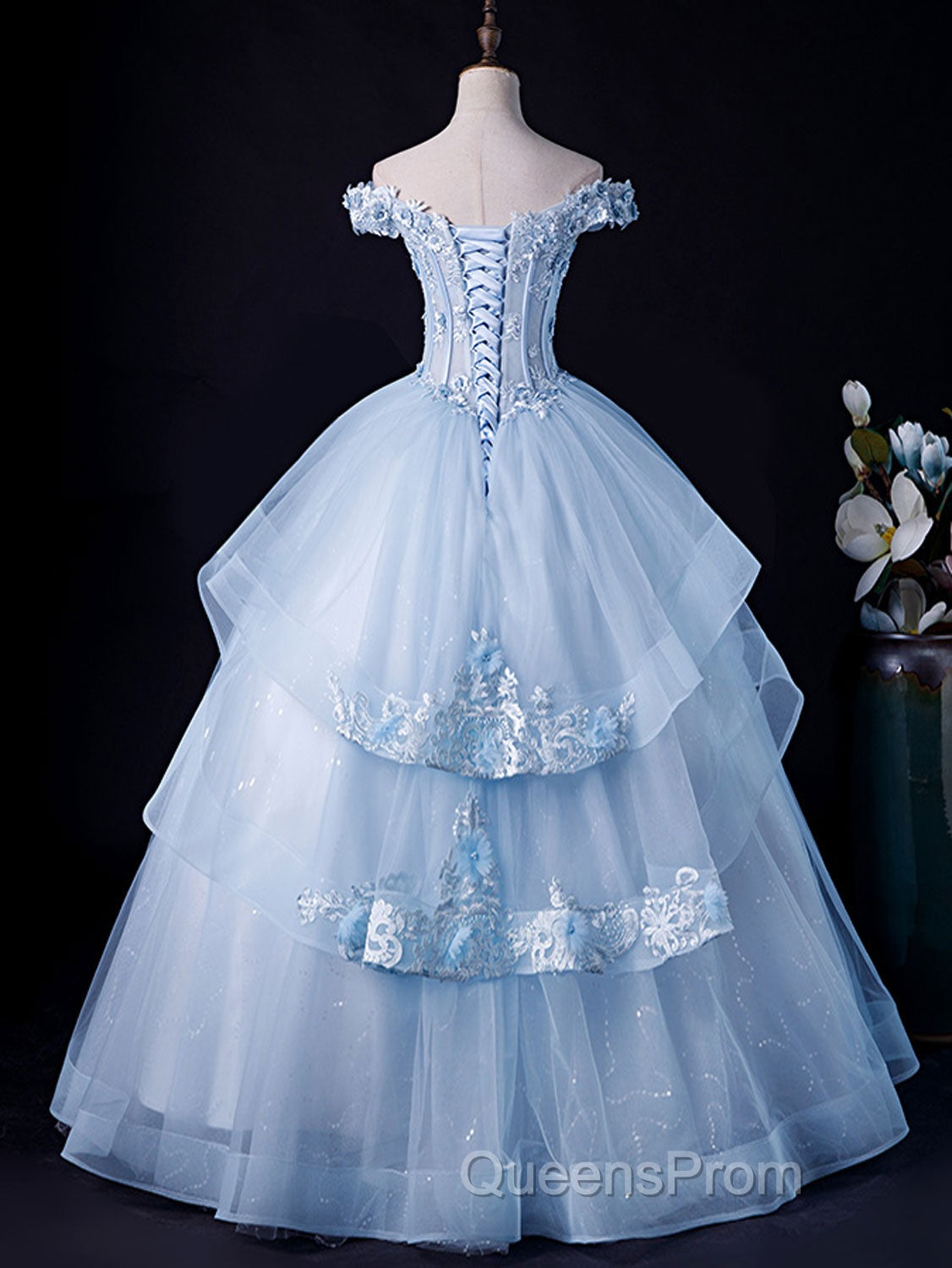 A-Line Off Shoulder Lace Tulle Blue Long Evening Prom Dress, Blue Sweet 16 Dress
