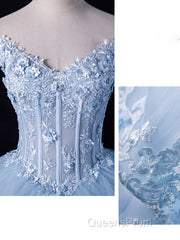 A-Line Off Shoulder Lace Tulle Blue Long Evening Prom Dress, Blue Sweet 16 Dress